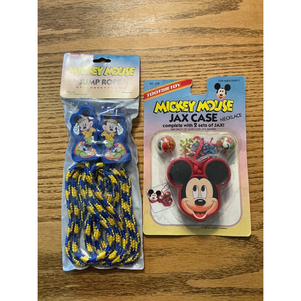 Vintage Tootsietoy Mickey Mouse Jump Rope and Jax Case Necklace Set 1990 1991